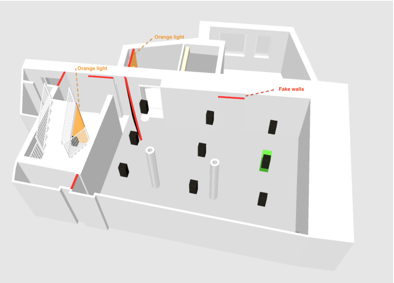 Intervention in space. Removal of architectural elements. Fake walls (red), Orange lights in preliminary rooms (orange).